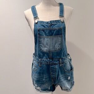 Super down short distressed jean overalls
